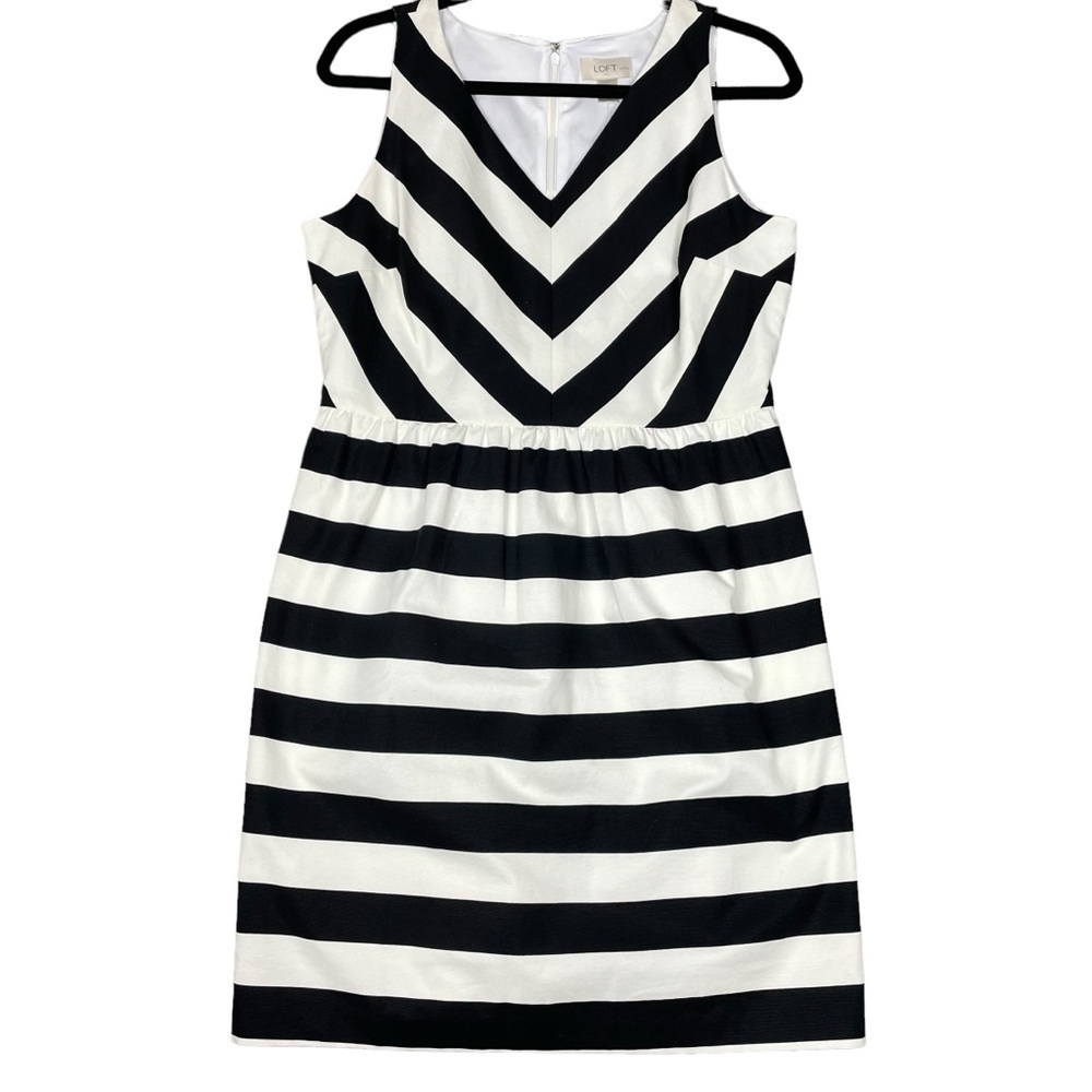 LOFT Black Ivory Chevron Stripe V-Neck A-Line Classic Party Dress NWT - 10P